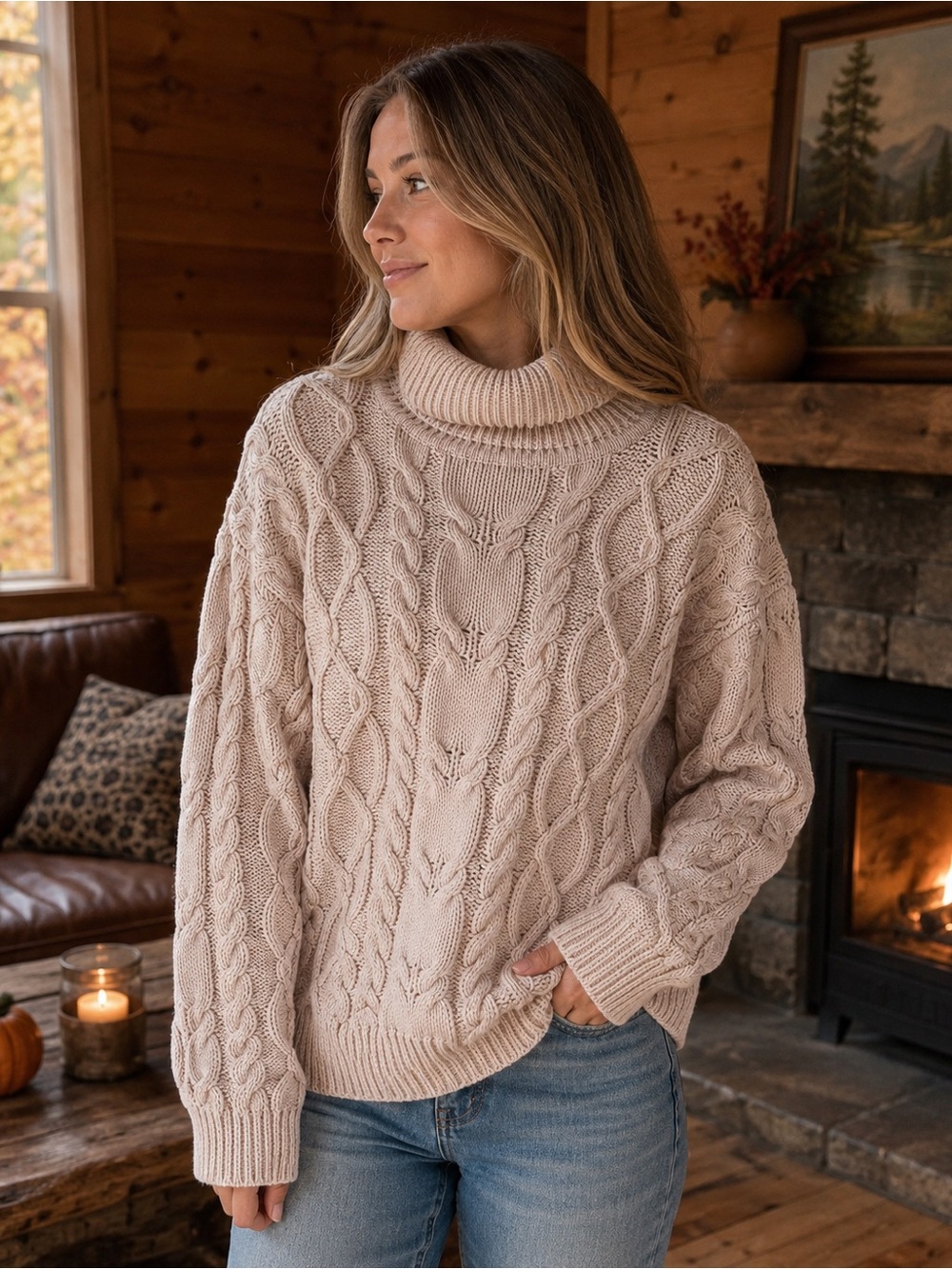 Cable Knit Sweater 100% Cotton Turtleneck Cottage Fisherman Cabinecore Heavy